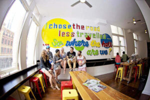 hostel guests hanging out in common area in hostel in Melbourne, Australia